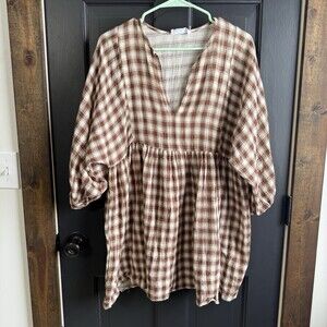 Tabulah Gingham Tiered Ruffle Dress V Neck Midi Size Small 100% Cotton Boho